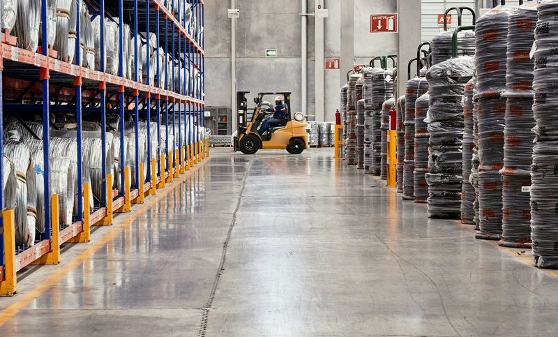 Heftruck in een magazijn tussen stellingen.